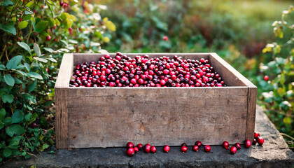 Wall Mural - Large lingonberries in a wooden basket are located on top of green foliage. Fresh cranberry harvest. Cranberry close-up top view. Organic berries over.