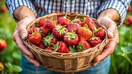 Wall Mural - Generative ai. a close up of a person holding a basket of strawberries