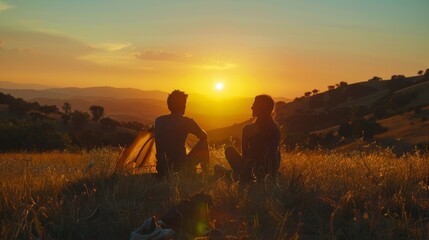 Sticker - Two people sitting in a field watching the sun set