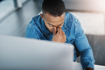 Aufkleber - Business, headache and black man in office for anxiety, marketing error or mistake on project. Stress, lens flare and graphic designer at desk for migraine, work crisis or burnout in workplace