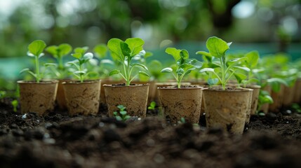 A row of small potted plants are sitting in the dirt