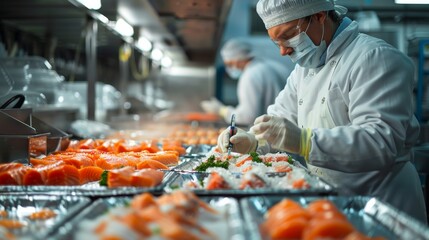 Wall Mural - A man in a white coat is preparing food in a kitchen