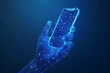 technology in electronics, digital blue low poly hand holding a smartphone with glowing data streams, ai in mobile applications, virtual assistants, communication platforms ,connectivity.