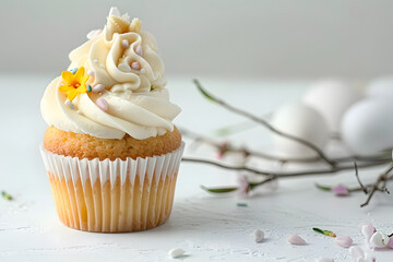 Wall Mural - Tasty Easter cupcake with vanilla cream on white table, space for text