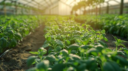 A greenhouse full of plants with a bright green color