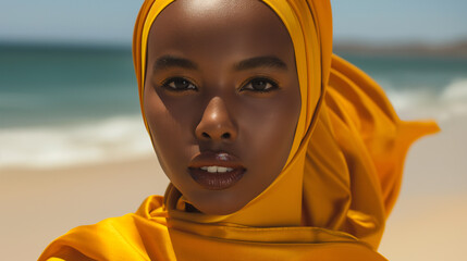 Wall Mural - Portrait of an African woman in yellow headscarf with beach background