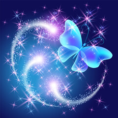 Wall Mural - Flying butterfly with sparkle and blazing trail and sparkle stars