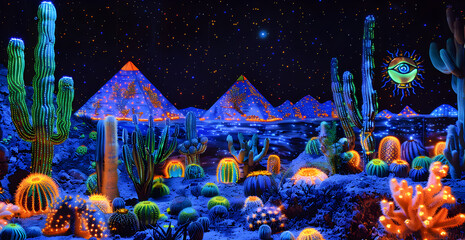 Wall Mural - papantla flyers by night Mexican landscape cactus agaves and pyramids neon colors