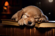 Sleeping Puppy on an Old Book Under Subtle Dim Light
