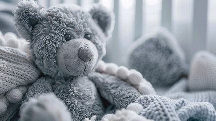 Wall Mural - A close-up of a gray teddy bear's endearing face with its stitched nose and button eyes exuding warmth and comfort in a nursery filled with soft blankets pillows and cuddly toys
