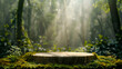 © PixelStock - A round wooden podium with moss on the bottom, set against an enchanted forest background