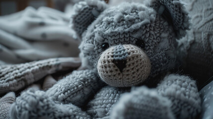 Wall Mural - A close-up of a gray teddy bear's endearing face with its stitched nose and button eyes exuding warmth and comfort in a nursery filled with soft blankets pillows and cuddly toys