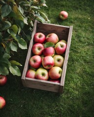 Wall Mural - Farming concept. Apples red ripe fruits in wooden boxes on grass. Apple harvest concept. Ripe organic fruits in the garden. Autumn fruits and vitamins. Apples harvest. Fall apples harvest in rustic.