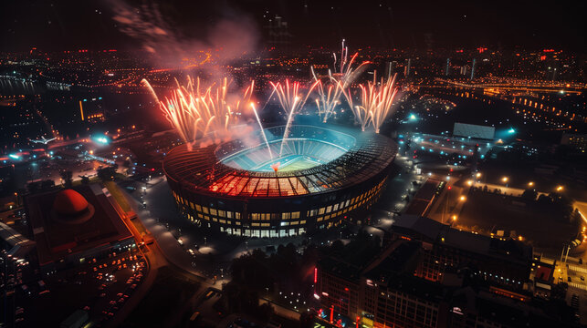 Stadium Celebrating Event with Fireworks at Night. An aerial view of a stadium lit up at night, celebrating with a spectacular display of fireworks over the cityscape.