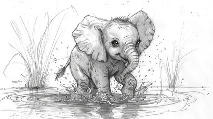 Poster -   Elephant in Water - Black & White Drawing