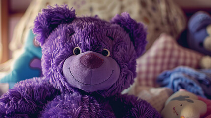 Wall Mural - A close-up of a purple teddy bear's smiling face with its button eyes and stitched nose radiating warmth and comfort in a nursery filled with soft blankets pillows and plush toys