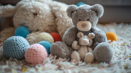 Wall Mural - A close-up of a soft gray teddy bear clutching a plush toy bunny surrounded by other cuddly toys and sensory balls on a fluffy rug capturing the innocence and joy of early childhood playtime.
