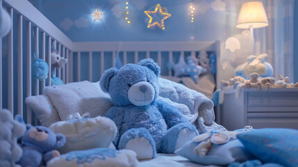 Wall Mural -  blue teddy bear nestled among a pile of soft blankets and pillows on a baby's crib surrounded by plush toys and a musical mobile offering comfort and companionship in the gentle rhythms of bedtime.