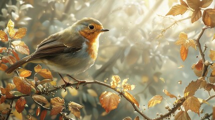 Wall Mural -   A bird perched atop a tree branch, amidst a sea of vibrant leaves, with the sun illuminating the scene from behind