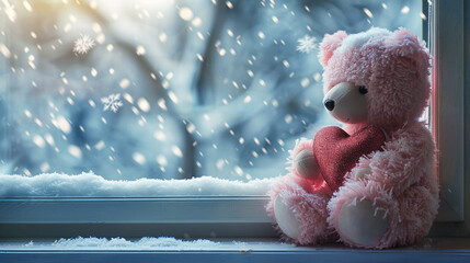 Wall Mural - An endearing pink teddy bear sitting on a window ledge against a backdrop of a snowy winter landscape holding a plush red heart and watching snowflakes gently fall outside