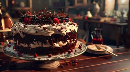 Wall Mural - Chocolate cake decorated with berries on a wooden table in a cafe