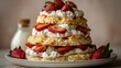   A stack of strawberry shortcakes with whipped cream and strawberries on a plate, alongside a bottle of milk