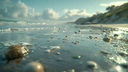 Sticker -   A beach with ample water coverage adjacent to a sandy shore featuring numerous small water bubbles