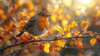 Sticker -   Perched bird on red-berry tree, yellow leaves