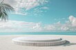 Product podium with beach shoreline furniture outdoors.