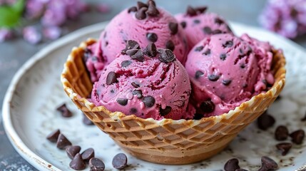   Two scoops of ice cream in a waffle cone on a plate surrounded by colorful flowers