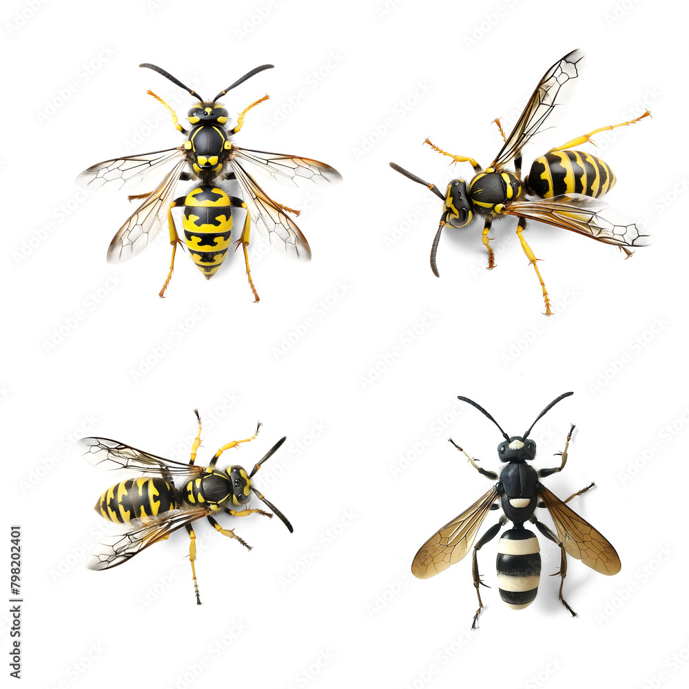 Four different poses of a yellow jacket wasp on transparent png ...
