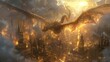 © Justlight - Above a bustling city a massive dragon soars through the clouds its scales blazing with golden light. As it passes the buildings below . .