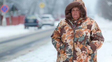 Wall Mural - A woman in a winter coat standing on the side of road, AI