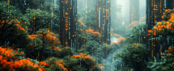 Futuristic eco city with a green forest, advanced digital technology, and cyberspace network.