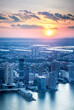 Jersey City skyline seen at sunset from above with colorful sunset