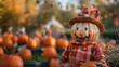 A blurred background of a pumpkin patch featuring rows of plump pumpkins and whimsical scarecrows embodying the cozy and festive atmosphere of a bumpkinthemed event. .