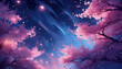 Magic forest. Fantasy landscape. Vector illustration, A fluorescent landscape with blooming cherry blossom trees under the moonlight,