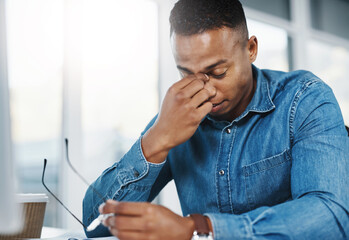 Aufkleber - Business, headache and black man in office for stress, marketing error or mistake on project. Anxiety, lens flare and graphic designer at desk for migraine, work crisis or burnout in workplace
