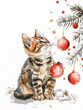 Striped kitten on Christmas festive white background, illustration