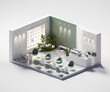 Isometric view cafe store open inside interior architecture, 3d rendering.	
