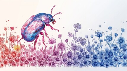 Wall Mural -   Drawing of a bug on a field of daisies