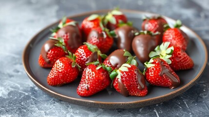 Poster - A plate of strawberries with chocolate drizzled on them are shown, AI