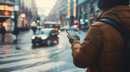 A person standing on a busy street corner, using a smartphone to navigate with a GPS app. The busy street scene behind them is blurred, highlighting the smartphone's screen and the
