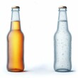 Transparent glass bottles of beer and soda with condensation droplets, white background, showing the entire bottle, Generative Ai.