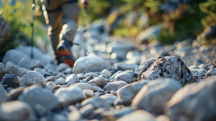 a hiker navigating a challenging rocky path, with a focus on their strain and determination. the roc