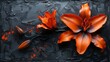 A black impasto canvas, with a bold texture that adds depth, decorated with bright orange tiger lily petals. Mothers day. 