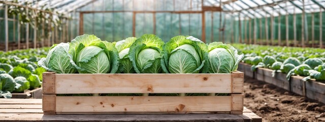 Wall Mural - Harvest of cabbage in a wooden box against the background of a vegetable garden. Brussels sprouts in basket against the backdrop of a greenhouse. Fresh harvest on the farm.