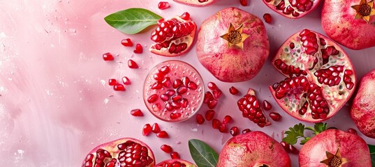 Vibrant pomegranate smoothie in glass with freshly cut pieces on soft pink background