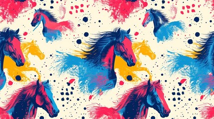 Canvas Print - A pattern of horses with colorful splotches on a white background, AI