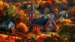 A picturesque village church with a towering steeple, surrounded by colorful autumn foliage ablaze with hues of red and gold.